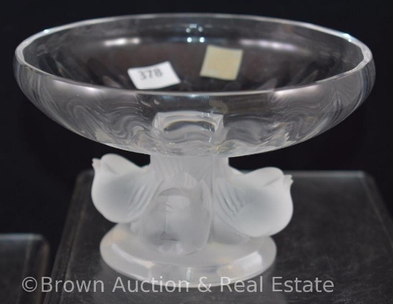 Signed Lalique France 3.5"h compote with 4 sparrows base, paper label