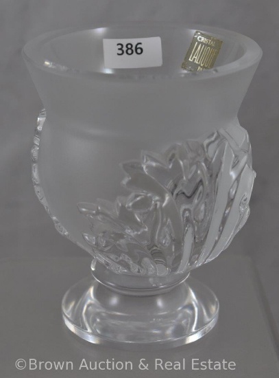 Signed Lalique France Acanthus Leaf 4.5"h vase, paper label