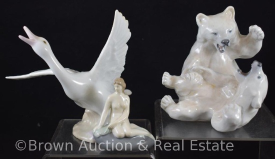 (3) Figurines: Royal Copenhagen playing polar bear cubs; KPM porcelain goose; Germany nude lady on