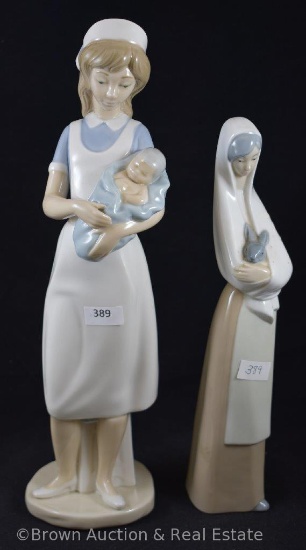 (2) NAO porcelain figurines made by Lladro: Nurse holding baby and Girl with rabbit