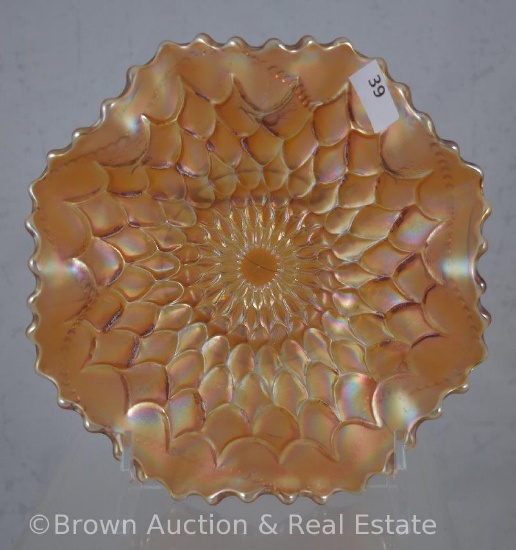 Carnival Glass Fish Scale/Beads 7"d bowl, marigold