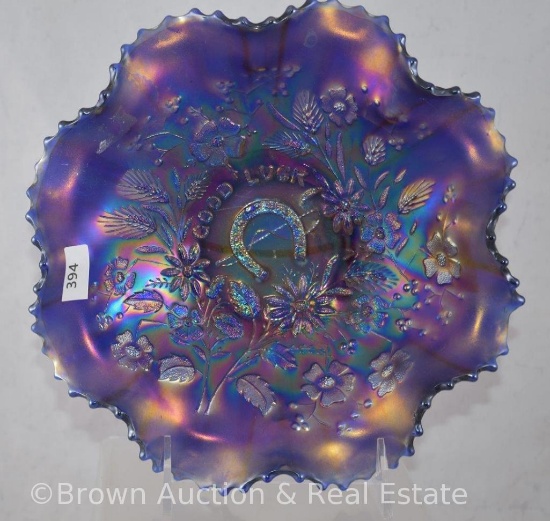 Carnival Glass Good Luck 9"d bowl, cobalt with great iridescence