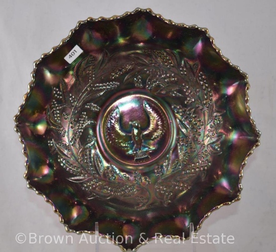 Carnival Glass Australian Thunderbird/Shrike 9.5"d bowl, purple