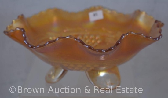 Carnival Glass Grape and Cable 8"d bowl with spatula feet, marigold