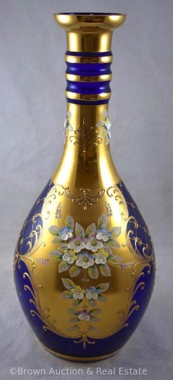 Gorgeous cobalt Moser 15" tall vase with applied high-relief flowers