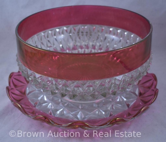 Indiana Glass Diamond Point ruby-stain 9.5"d x 5"h bowl; Ruby-stain 11.5"d platter