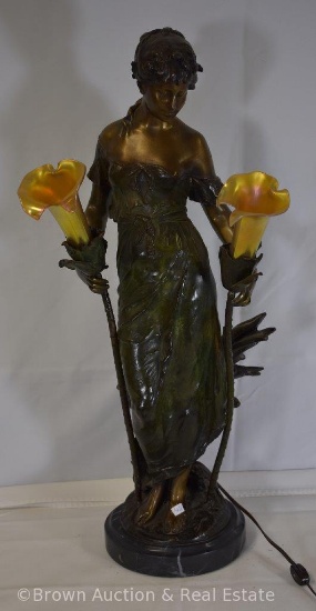 Maiden lamp by Auguste Moreau, illuminating flowers with translucent shades, 29" tall, marble base,