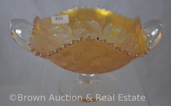 Carnival Glass Three Fruits/Basketweave 4"h handled compote, marigold
