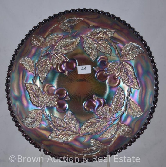 Carnival Glass Cherry/Jeweled Heart (Dugan) 8.5"d bowl, fiery amethyst