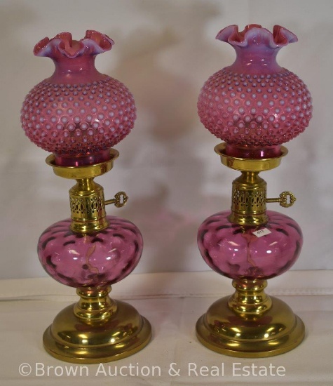 Pr. Cranberry opalescent Hobnail 17" tall lamps