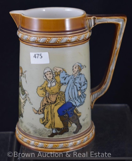 Mrkd. Mettlach German 6.25"h stein pitcher, dancing couples