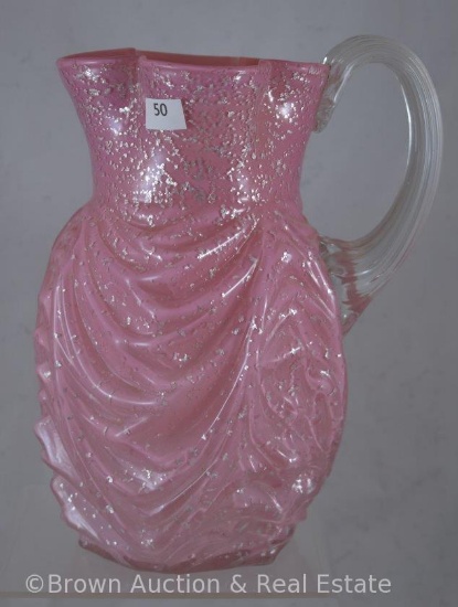 Victorian Art Glass 8.5"h pitcher, Drapery design, pink with silver flecks