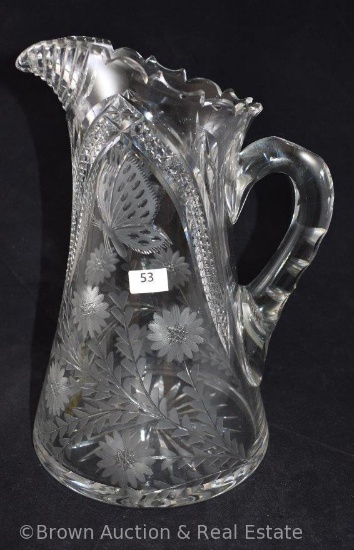 Cut Glass 10"h pitcher, Intaglio flowers/leaf branches and butterflies