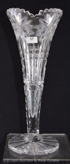 American Brilliant Cut Glass 11.75"h trumpet vase, Intaglio flowers (1 small tooth chip)