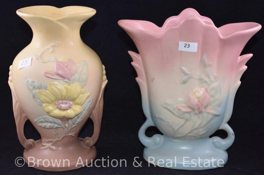 Lot 2 Hull Pottery Magnolia 8 5 H Vases 1 And 2 Proxibid