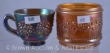 (2) Carnival Glass Orange Tree pieces: marigold powder jar (missing lid) and cobalt punch cup