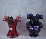 (2) Fenton baskets: 1-Cranberry and 1-hand decorated, paper labels