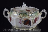 Handpainted porcelain biscuit/cracker jar, Tiffany finish on stylized tulips, circle mold mrk