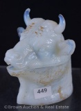 Thomas Atterbury Milk Glass Bull head mustard pot (few minute chips)