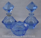 3 pc. Blue glass vanity set inc. cov. Trinket box and 2-perfume bottles