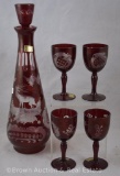 Egermann Czechoslovakia (paper label) red Cut-to-Clear wine set, decanter and (4)