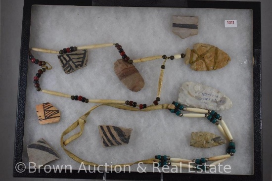Assortment of pottery shards (800/1100AD) and (2) trade necklaces