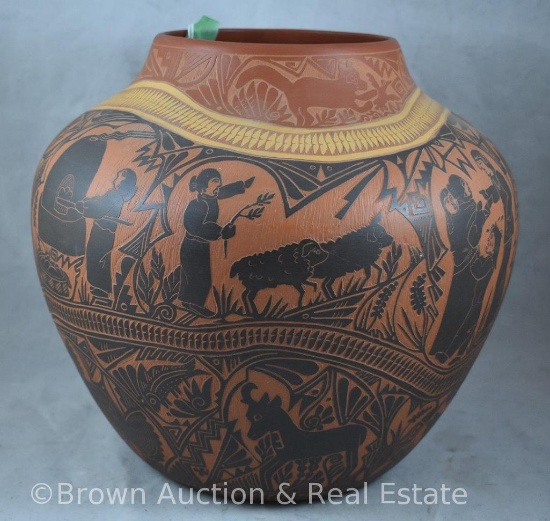 S.R. Garcia, Laguna, NM 11"h pot, nice hand etched design depicting everyday life and animals