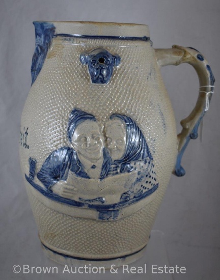Stoneware salt glazed 11"h beer pitcher with embossed people and dog heads, "Gesundheit"