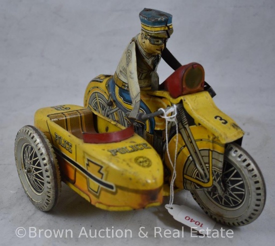 Marx tin wind-up Police mototcycle/rider and side car (no key) - WORKS! SEE VIDEO!