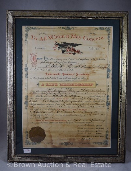 Civil War Life Membership to the Andersonville Survivor's Assoc. for a Union Soldier, nicely framed