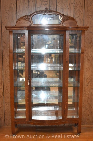 China cabinet with straight glass sides and curved glass door, 5 glass shelves with mirrored back,
