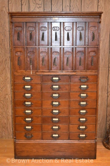 Large wooden multi-drawer courthouse cabinet by U.S. Desk & Office Co/Chicago, 14 stand-up file