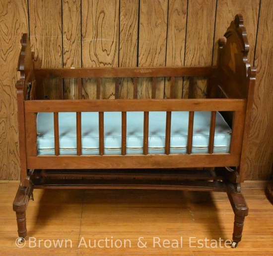 Antique wooden baby cradle, carved decorations on each end - butterfly and eagle **BROWN AUCTION