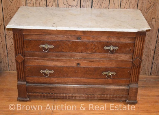 Marble top 2-drawer dresser, 40"w x 18.5" deep x 27" tall (marble is damged) **BROWN AUCTION WILL