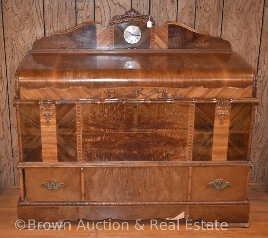 Roos Sweetheart red cedar chest with drawer and clock on backsplash, 46"w x 34" tall **BROWN AUCTION