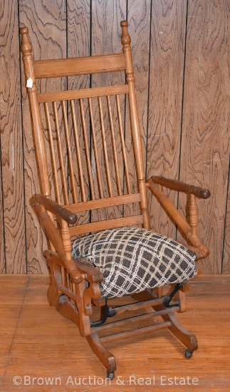 Oak glider rocker, upholstered rocker **BROWN AUCTION WILL NOT SHIP THIS ITEM. BUYER HAS UNTIL