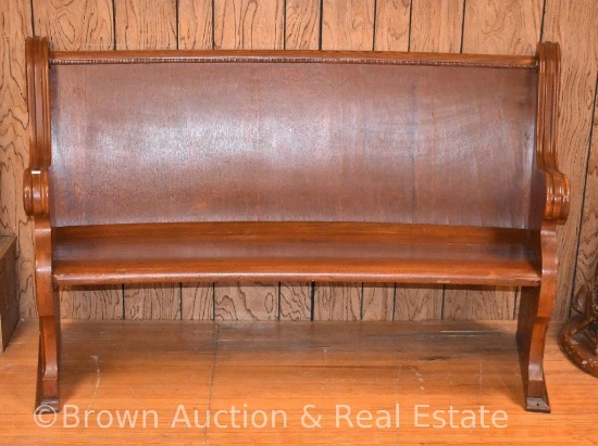 Church pew, 5'l, decorative carving on both ends, hymnal and communion cup racks on back **BROWN