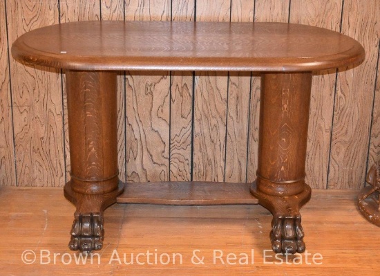 Oak library table, 2 large pillar supports with big paw feet, 53"l x 27"w x 31" tall - Extra nice