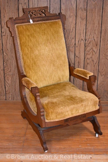Eastlake upholstered rocker, nice decorated wood frame **BROWN AUCTION WILL NOT SHIP THIS ITEM.