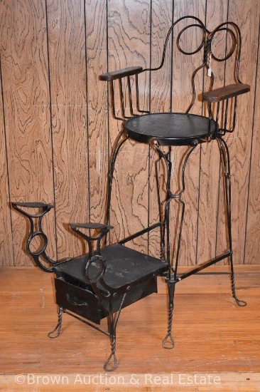 Shoe shine chair, bent metal construction with storage drawer below, wood arms and seat **BROWN