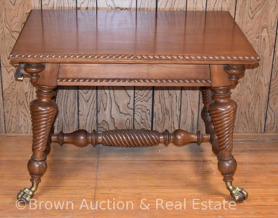 Gorgeous library table with twisted rim edging/legs and center support, drawer on 1 end, ball and
