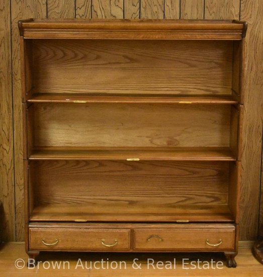 Extra wide 3-section stack bookcase, 2 lower drawers, paw feet, 4'2"w x 4'10" tall (no sliding glass