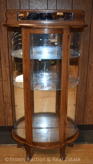 Smaller size Oak curved glass china cabinet, mirrored back with glass shelves, 32"w x 5'2"h **BROWN
