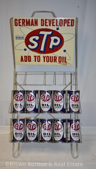 STP oil treatment store display stand & 10 full 15 oz. cans