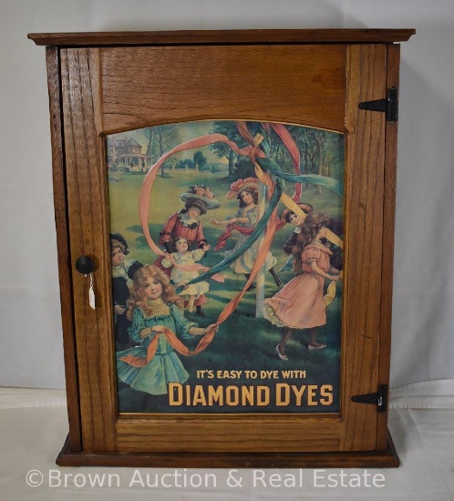 Diamond Dyes advertising country store display cabinet, 2'w x 11" deep x 2'6" tall