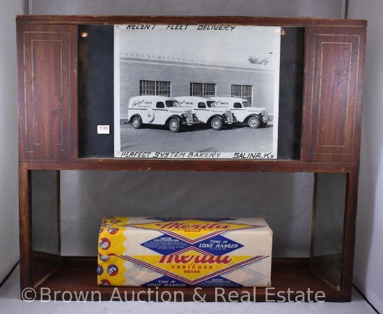 Table top or wall hanging display shelf, 21"w x 17.5"h, includes old photo of delivery tucks from