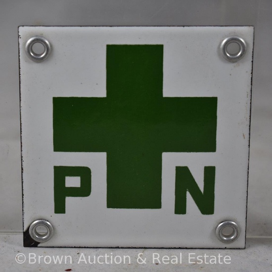Porcelain tag topper - green design of "P cross N" (first ever Marijuana Dispensary advertising?)
