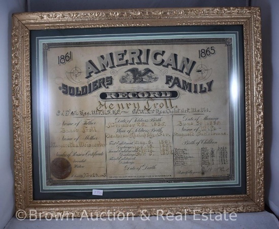 Civil War American soldier's family record, nicely framed and matted