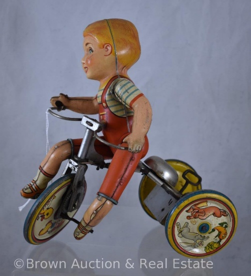Unique Art Kiddy Cyclist tin-litho wind-up toy - WORKS! SEE VIDEO!