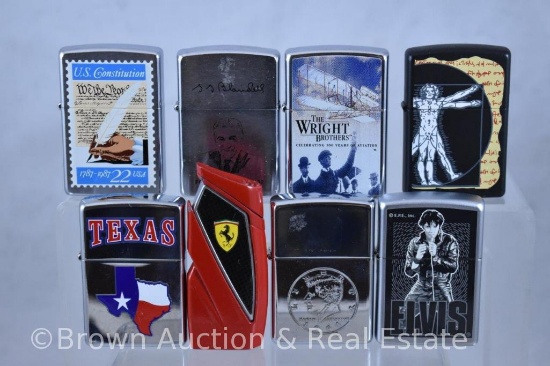 (7) Assorted souvenir/commemorative Zippo lighters and 1 other